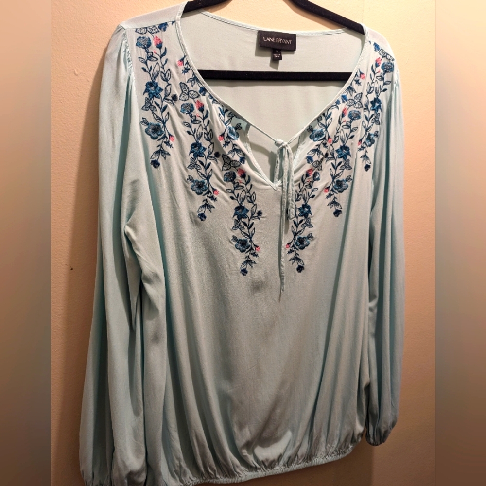 Lane Bryant Pink & Blue Blouse Embroidered Floral Tie Front Balloon Sleeve- 14 - Picture 5 of 14